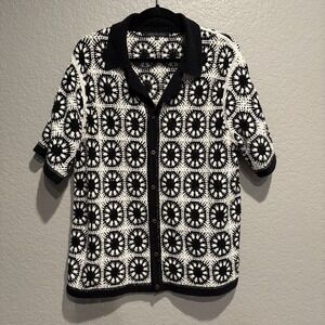 MAJOR LABEL GROUP Crochet Button Front Short Sleeve Shirt Mens Lg Boho Retro Y2K